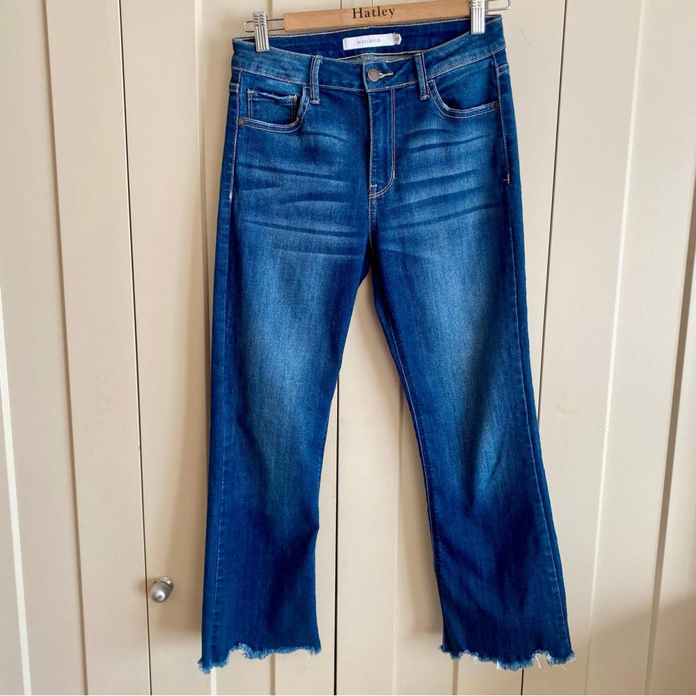 Disclosed Blue Flare Leg -High Waisted Jeans with Distressed Hem-Size 27